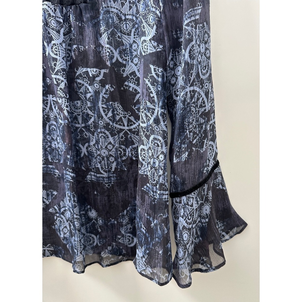 Sundance Silk Semi Sheer Blouse Velvet Trim Boho Print Top Blue Womens Size 4 - Picture 4 of 8